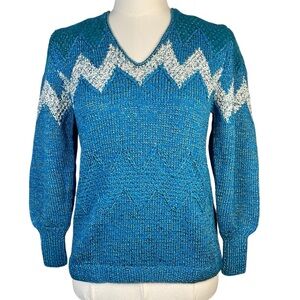New Handcrafted Knit Blue Chevron Women's Wool Angora Blend Sweater Size M